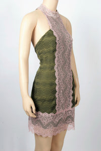 NWT Free People Olive/Pink "Natasha" Lace Trim Bodycon Casual Dress-Size Small, Medium
